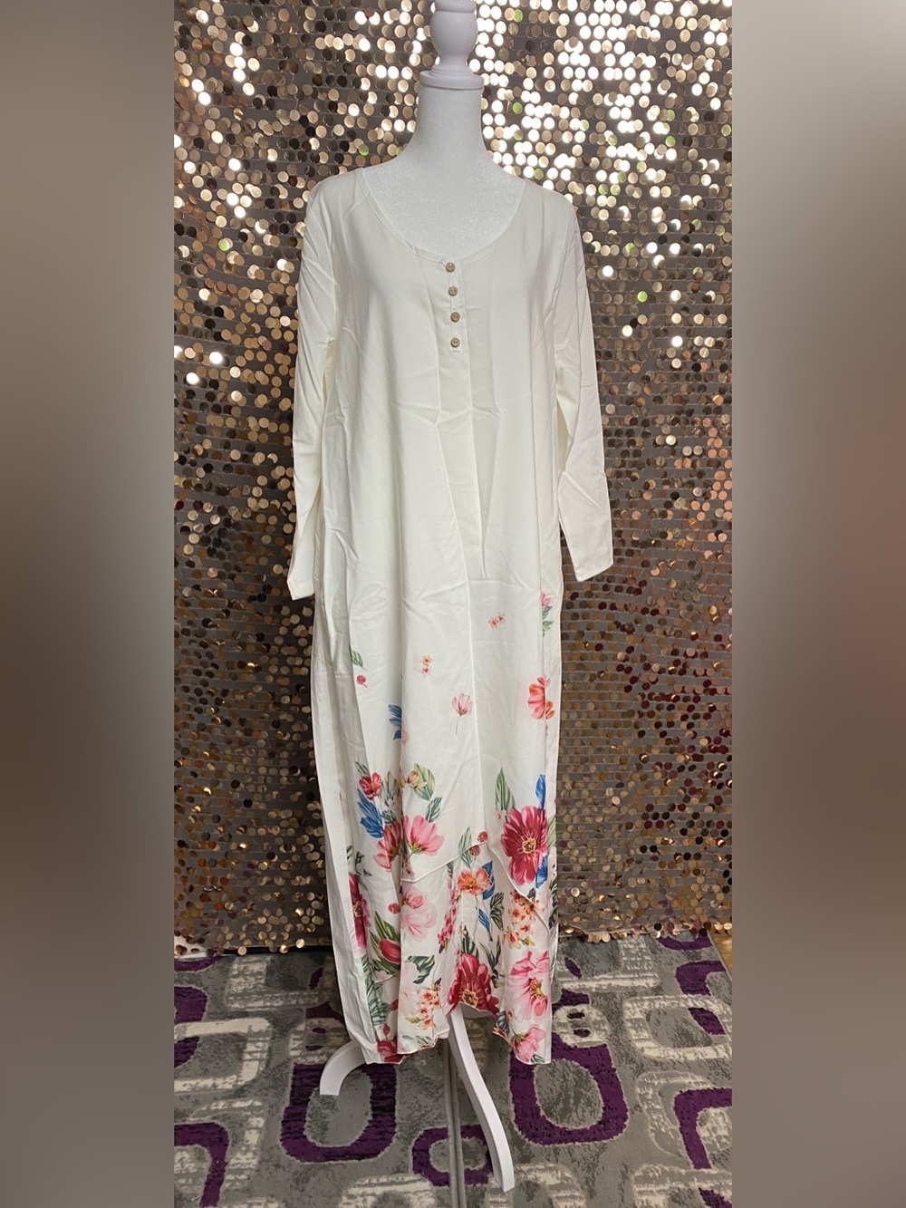 Women's Cream Floral Long Sleeve Maxi Dress #1617